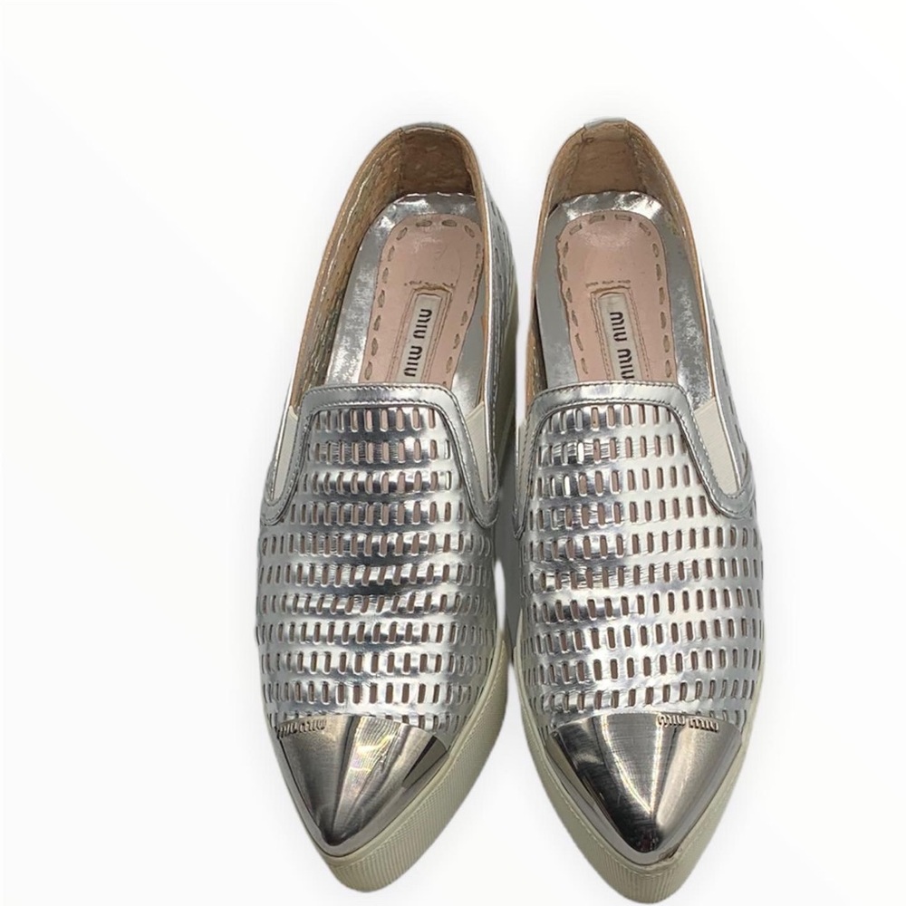 Miu Miu Silver Perforated Leather Metal Cap Toe Platform Sneakers